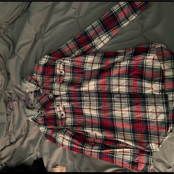 Flannel with removable hood. It is a size medium and red, blue, and white. - Picture 2 of 6